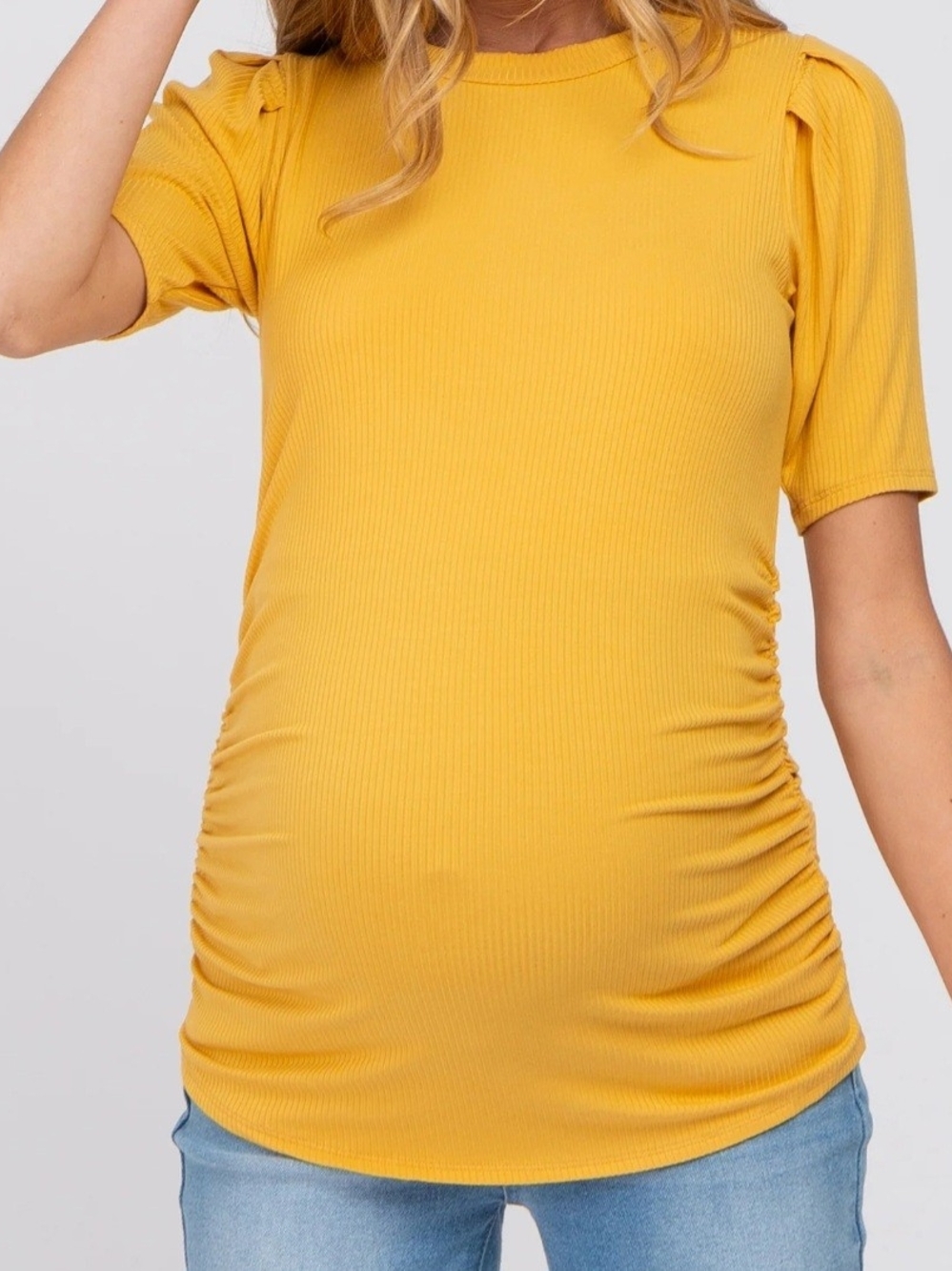 Women’s Mustard Yellow Short Sleeve Ribbed Maternity Tee